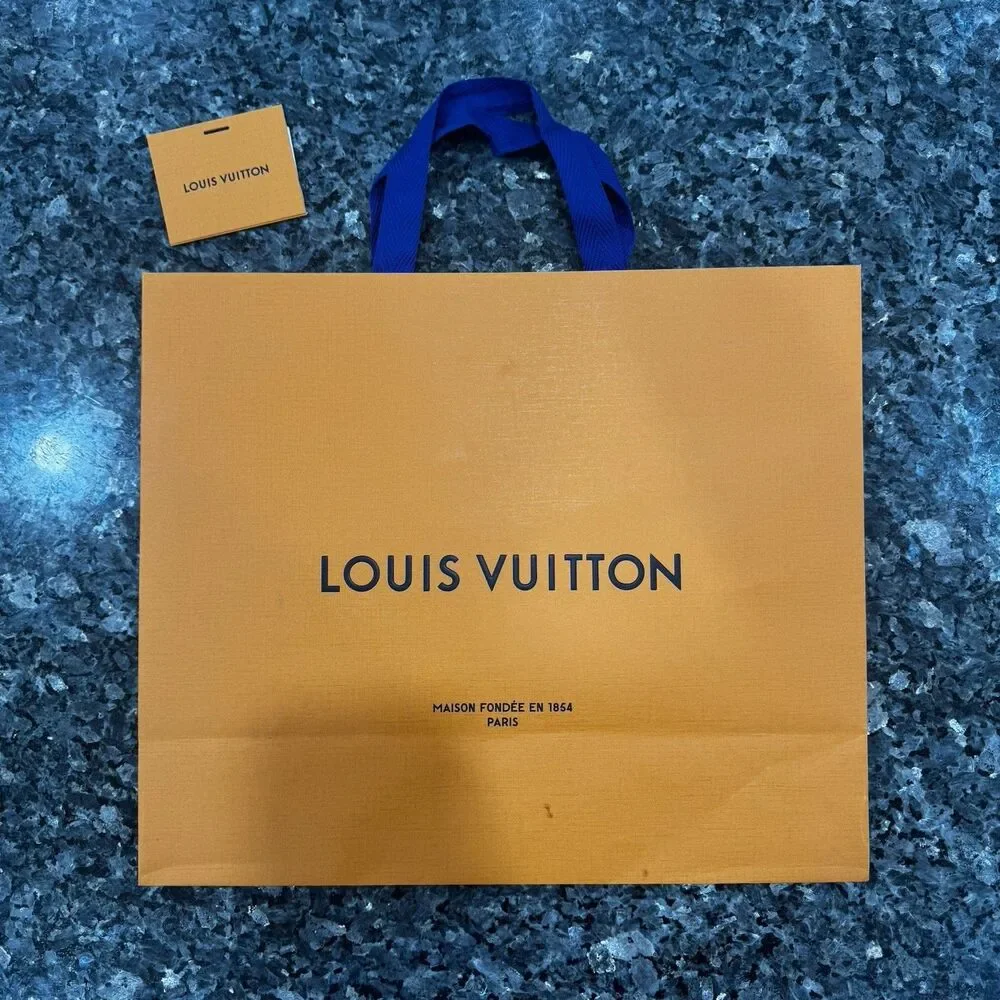 Louis Vuitton Paper Bag Orange with Blue Handles 16x13x6 + Blank Envelope